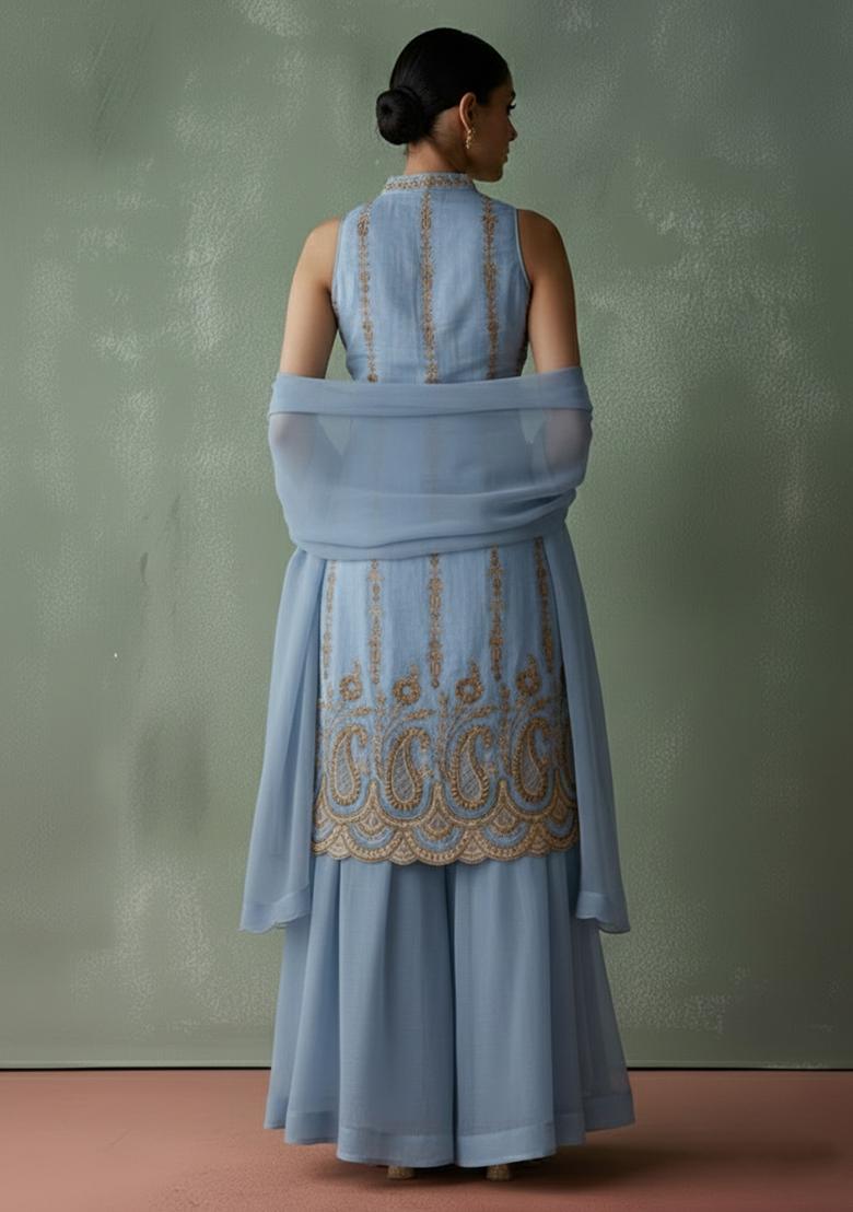 Ice Blue Embroidered Georgette Sharara Set - Indya