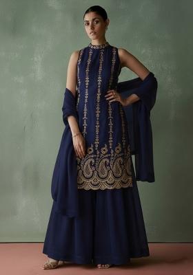 Navy Blue Embroidered Georgette Sharara Set