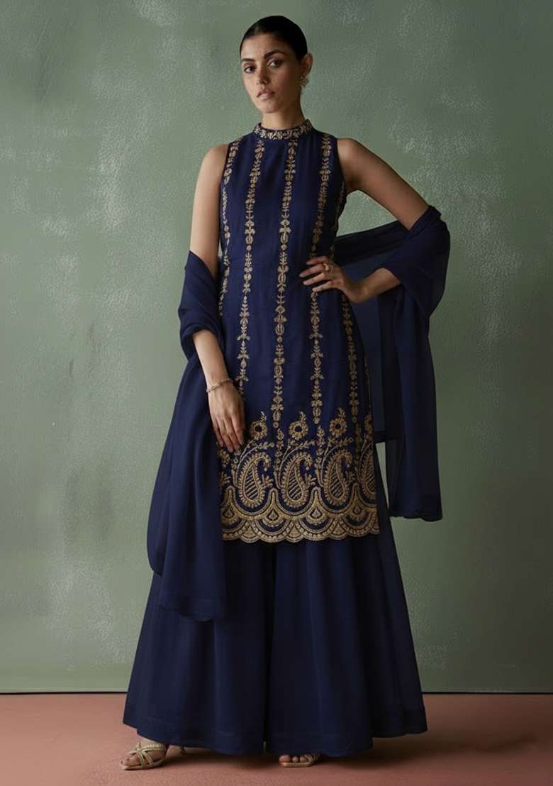 Navy Blue Embroidered Georgette Sharara Set - Indya