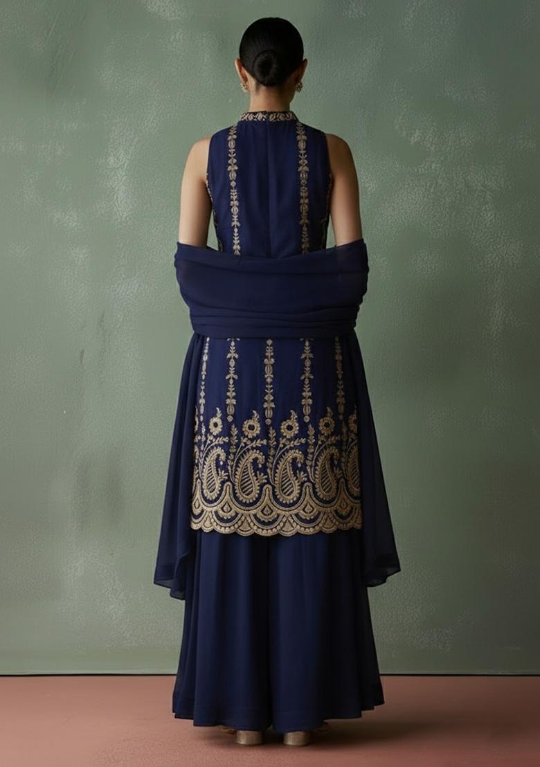 Navy Blue Embroidered Georgette Sharara Set - Indya