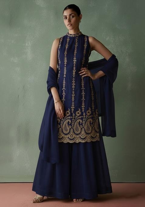 Navy Blue Embroidered Georgette Sharara Set