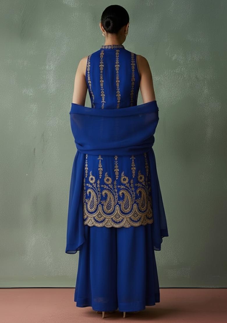 Royal Blue Embroidered Georgette Sharara Set - Indya