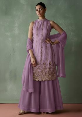Lavender Embroidered Georgette Sharara Set