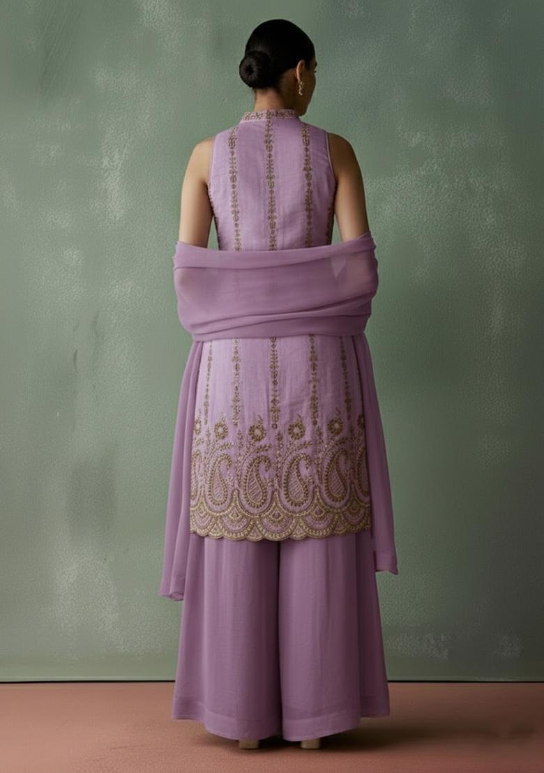 Lavender Embroidered Georgette Sharara Set - Indya