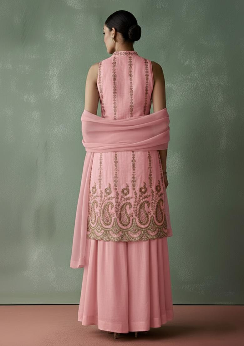 Soft Pink Embroidered Georgette Sharara Set - Indya
