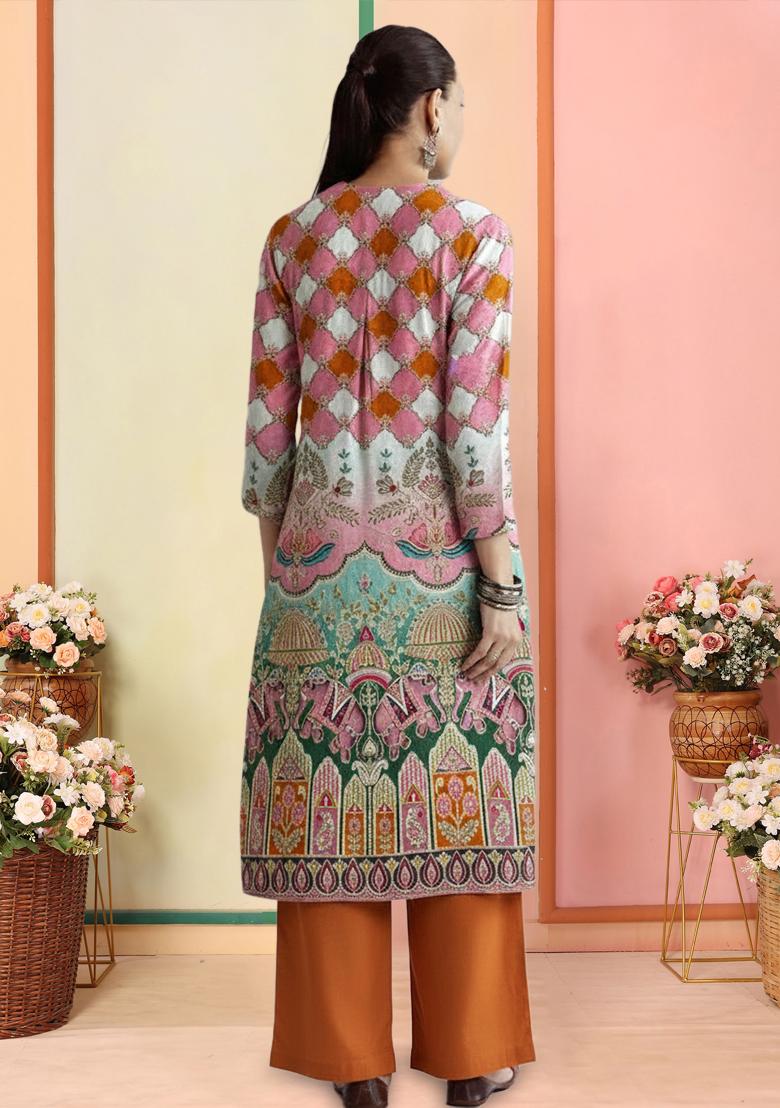 Multicolor Figure Print Crepe Kurta Set - Indya