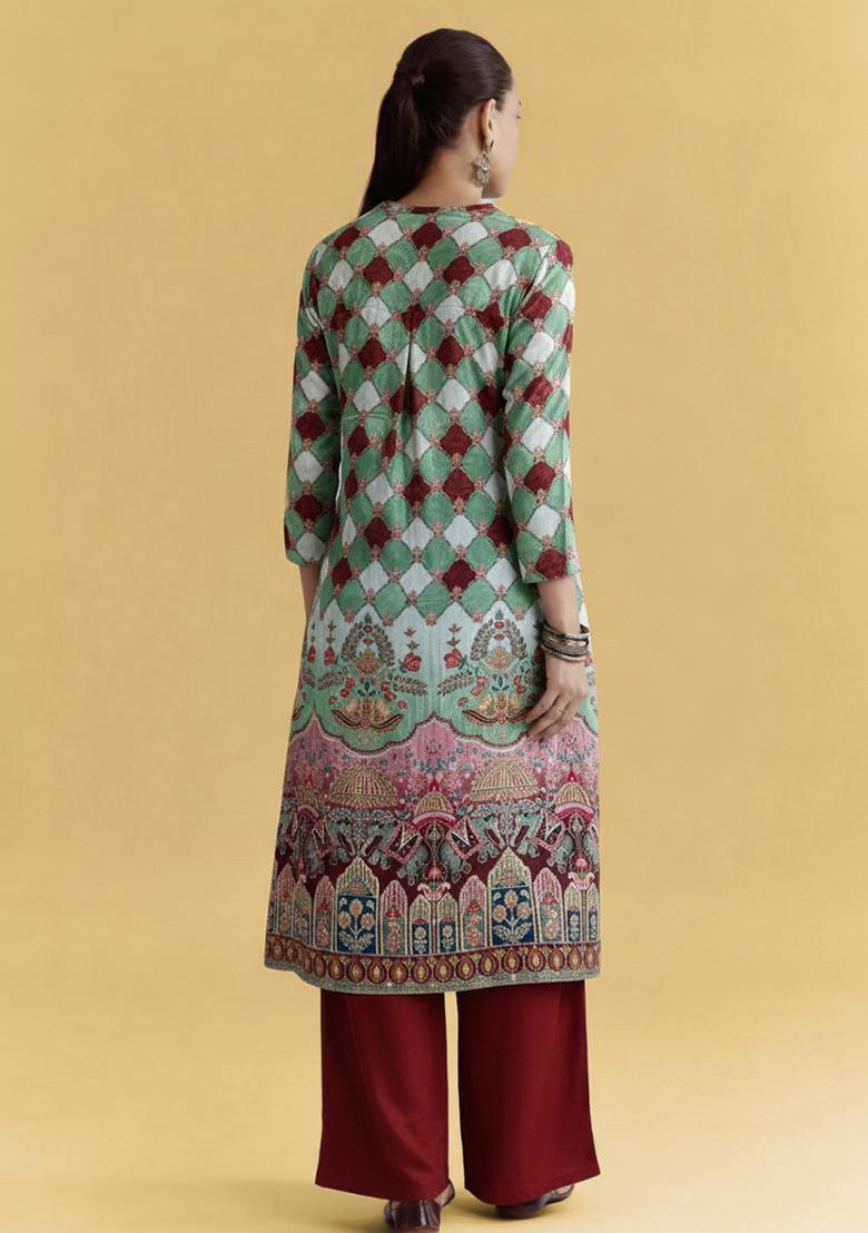 Multicolor Figure Print Crepe Kurta Set - Indya