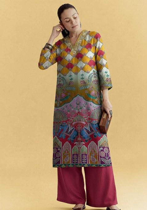 Multicolor Printed Crepe Straight Kurta Set