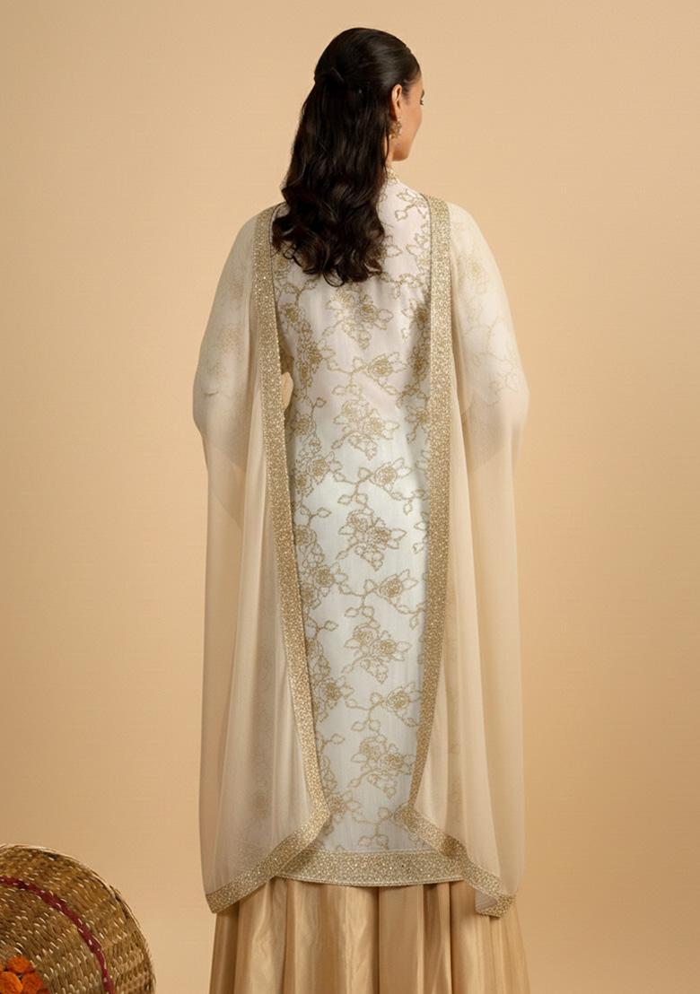 Pale Gold Embroidered Georgette Sharara Set - Indya