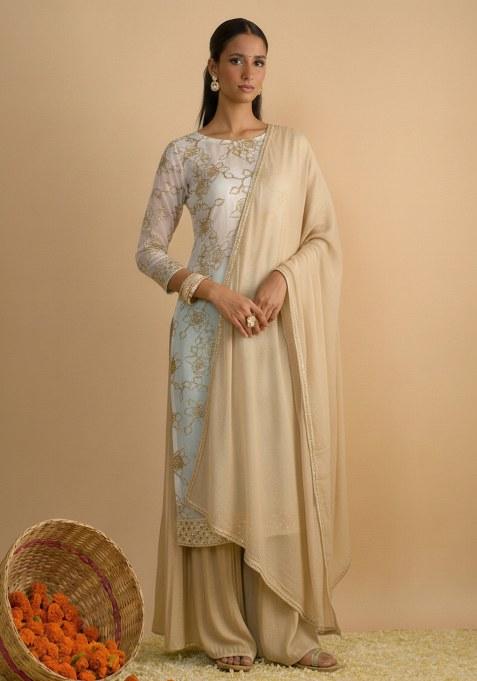 Pale Gold Embroidered Georgette Sharara Set