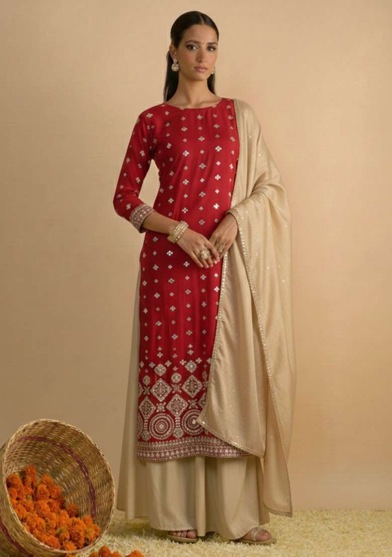 Red Embroidered Georgette Sharara Set - Indya