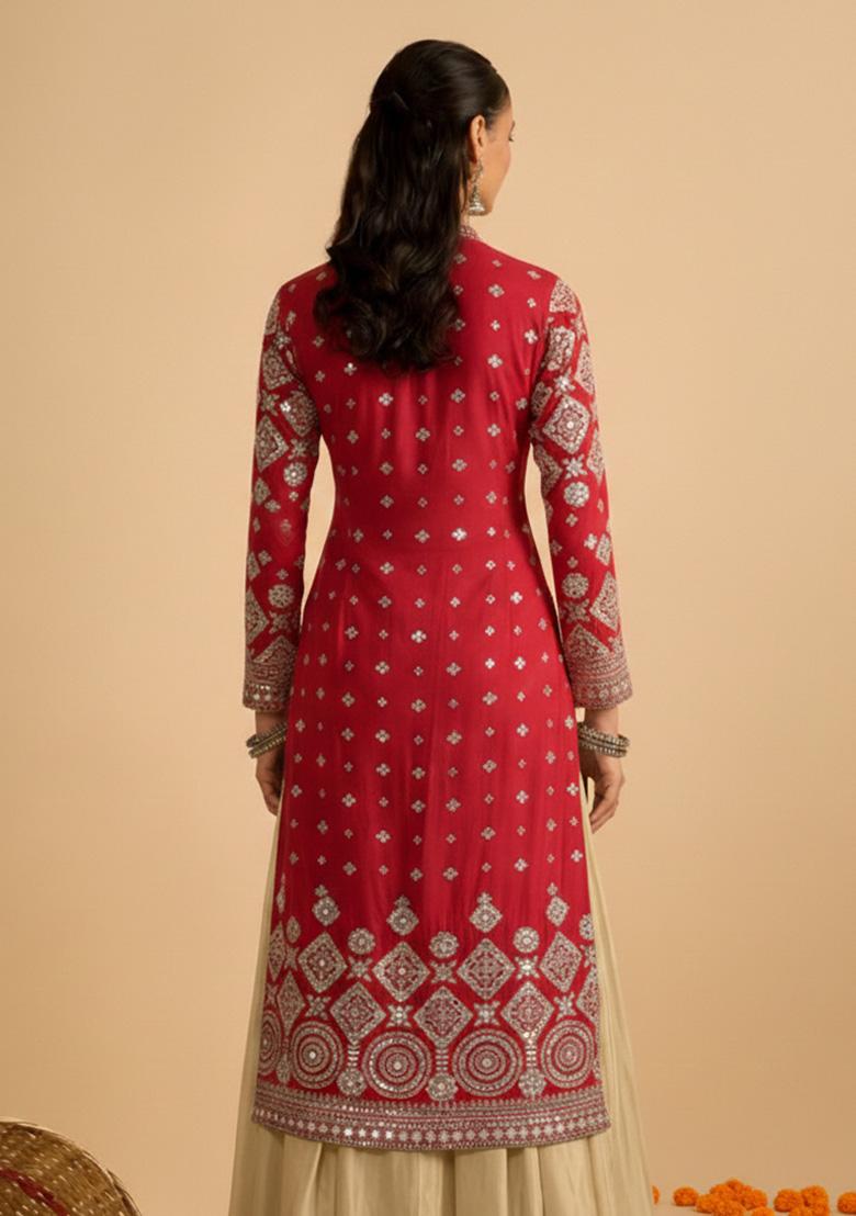 Red Embroidered Georgette Sharara Set - Indya