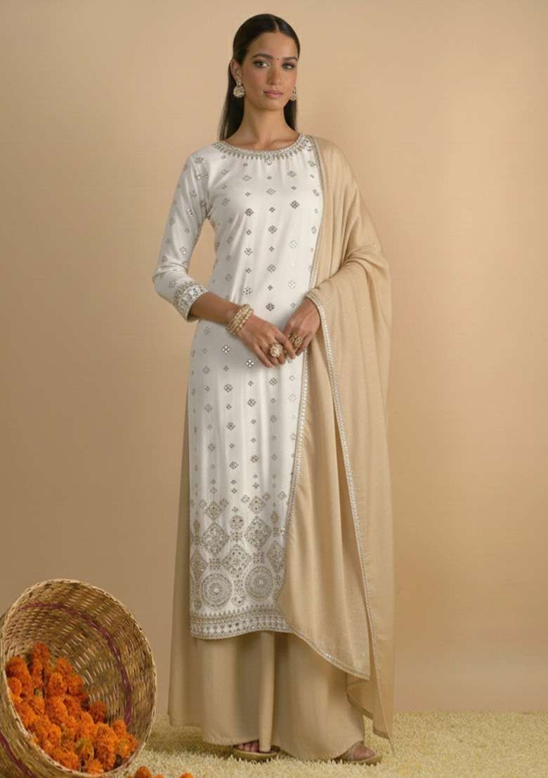 Ivory Embroidered Georgette Sharara Set - Indya