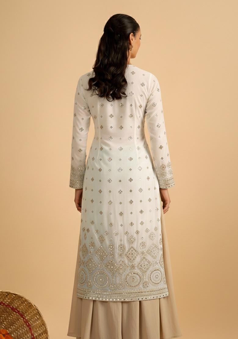 Ivory Embroidered Georgette Sharara Set - Indya