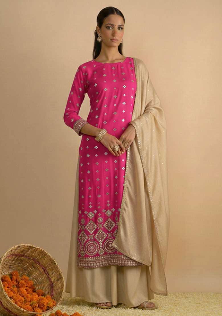 Rani Pink Embroidered Georgette Sharara Set - Indya