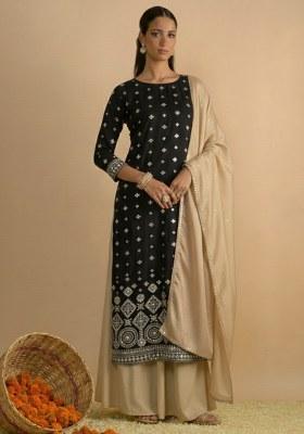 Black Embroidered Georgette Sharara Set