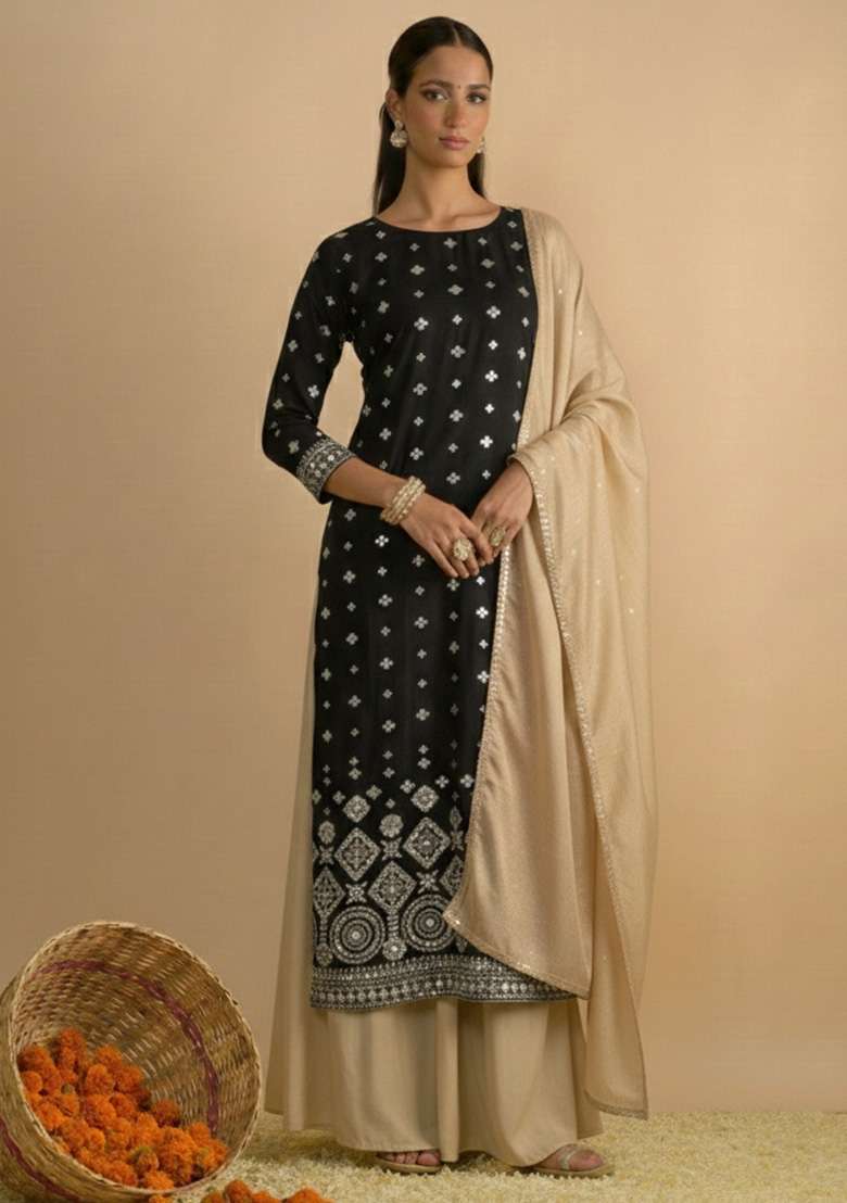 Black Embroidered Georgette Sharara Set - Indya