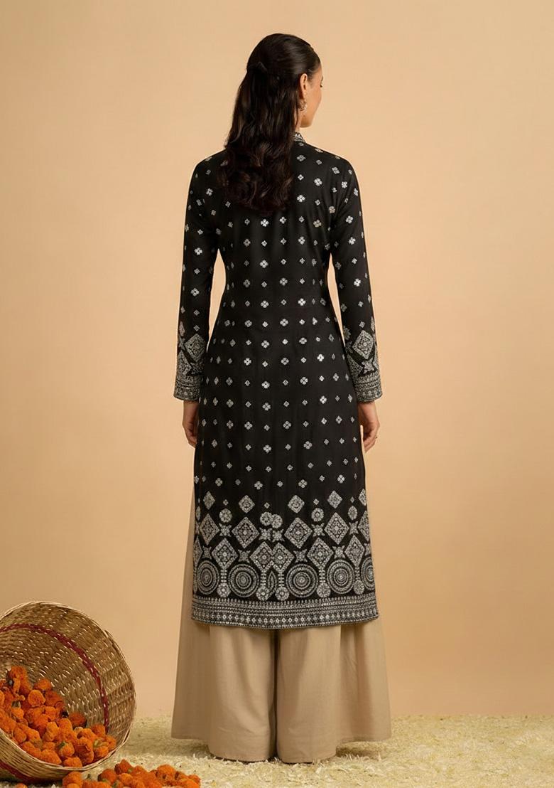 Black Embroidered Georgette Sharara Set - Indya