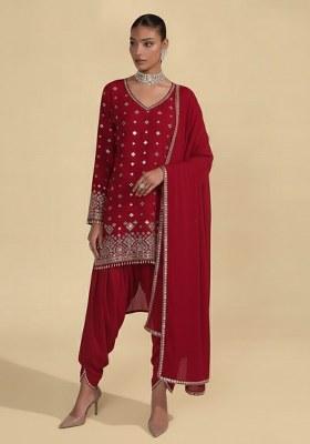 Deep Red Embroidered Georgette Kurta Set