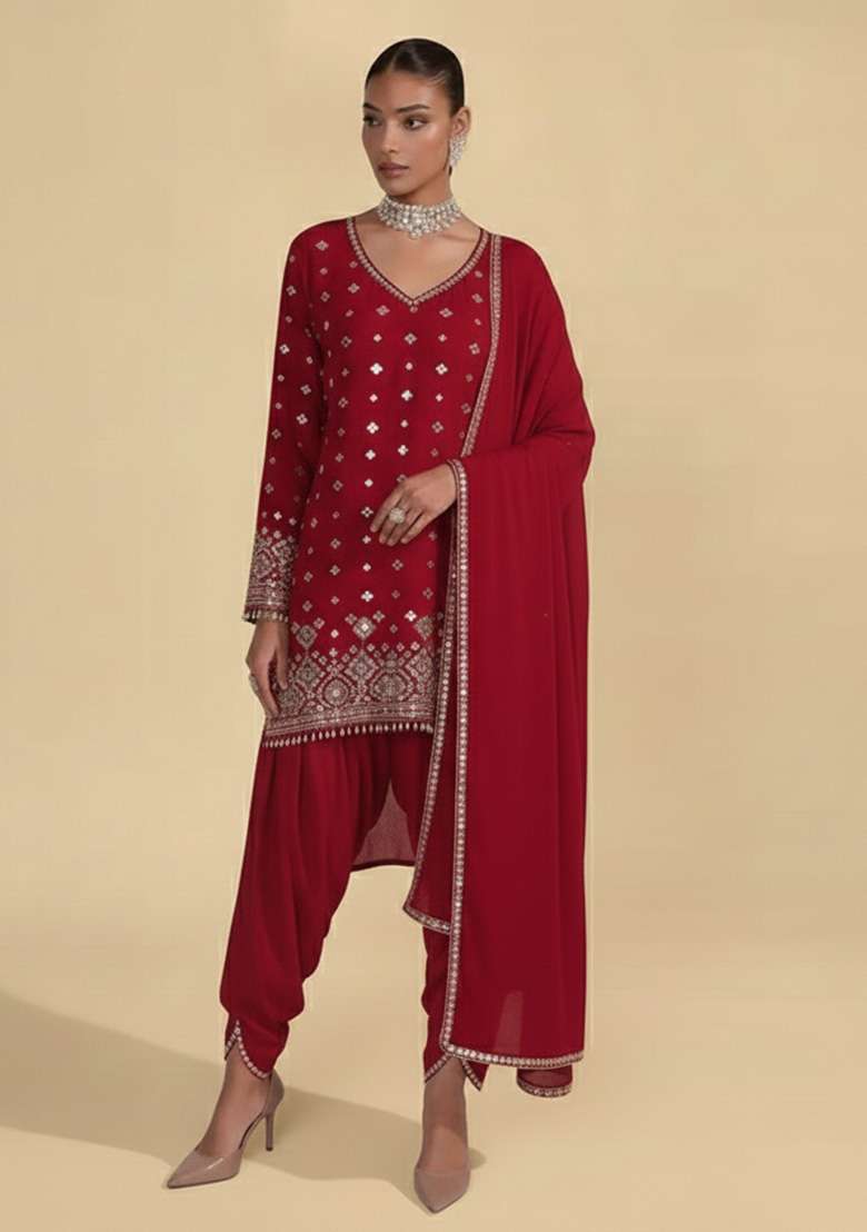 Deep Red Mirror Work Georgette Punjabi Suit - Indya