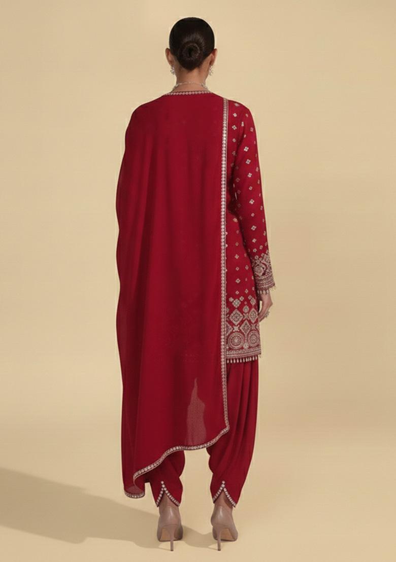 Deep Red Embroidered Georgette Kurta Set - Indya