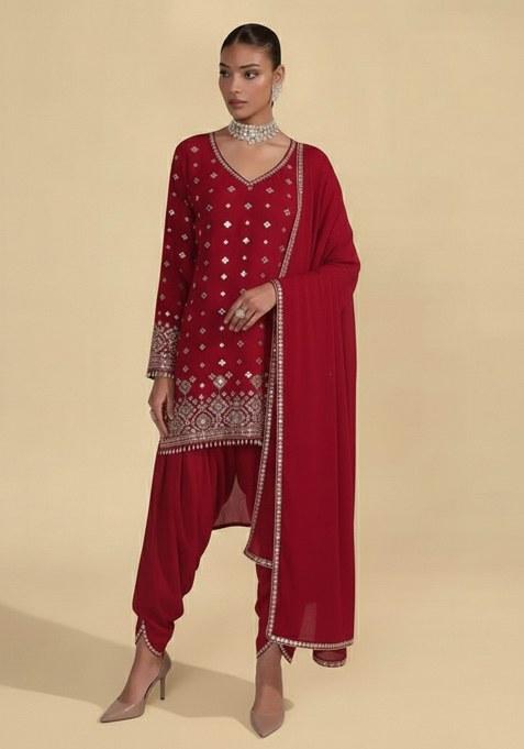 Deep Red Mirror Work Georgette Punjabi Suit