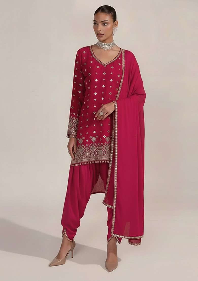 Rani Pink Embroidered Georgette Punjabi Suit - Indya