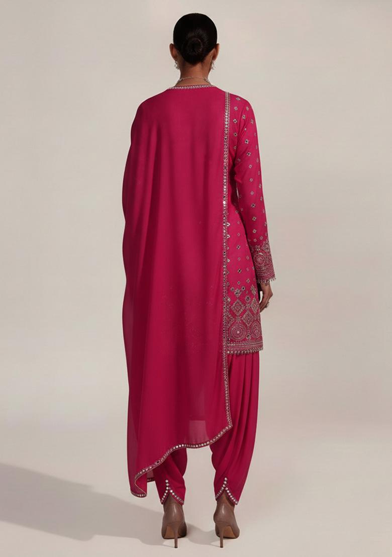 Rani Pink Embroidered Georgette Kurta Set - Indya