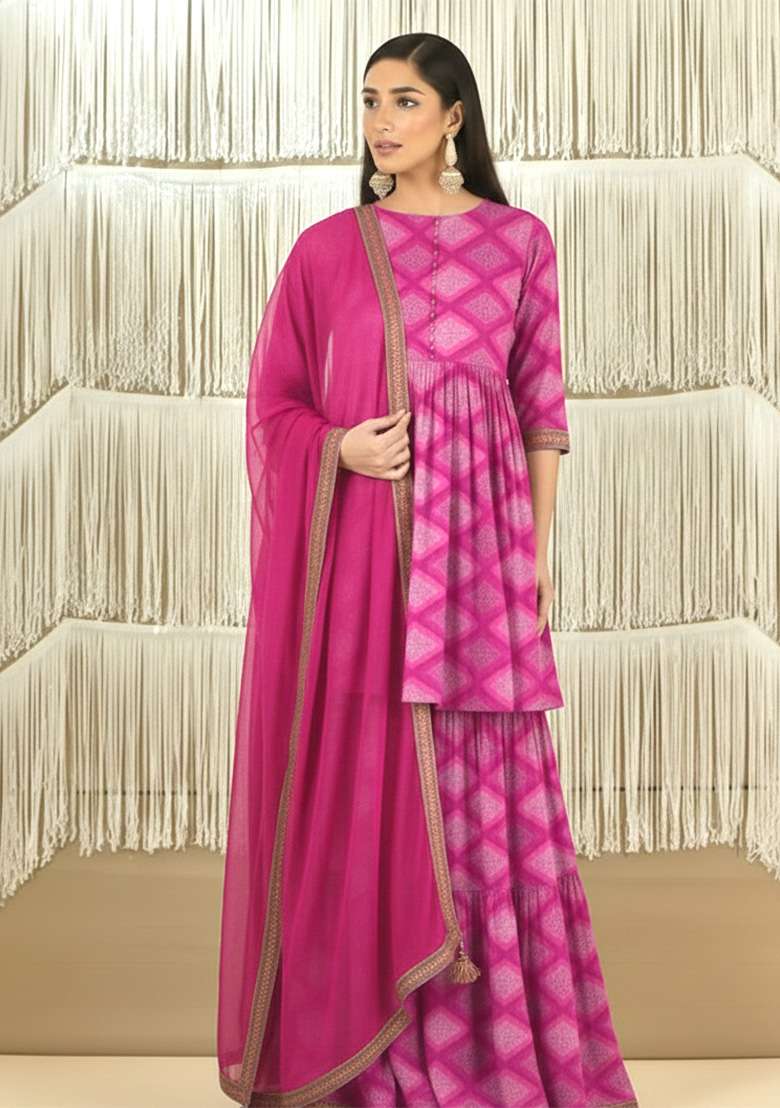 Rani Pink Abstract Print Satin Sharara Set - Indya