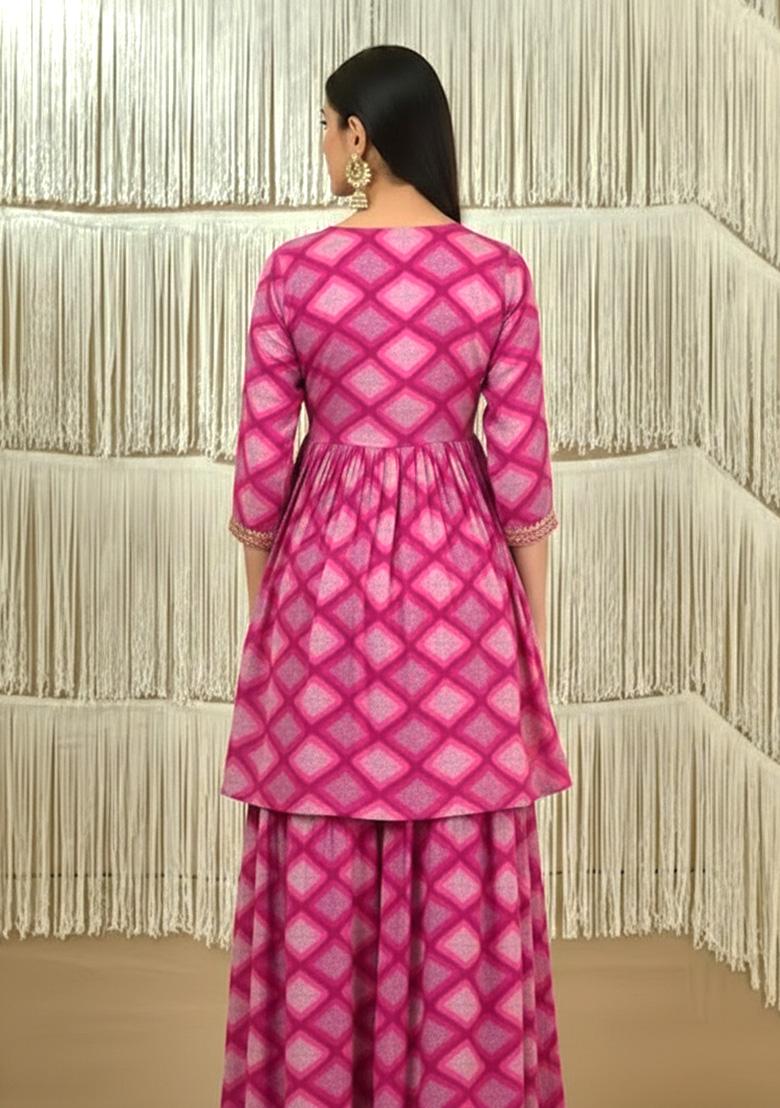 Rani Pink Abstract Print Satin Sharara Set - Indya
