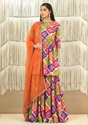 Multicolor Abstract Print Satin Sharara Set