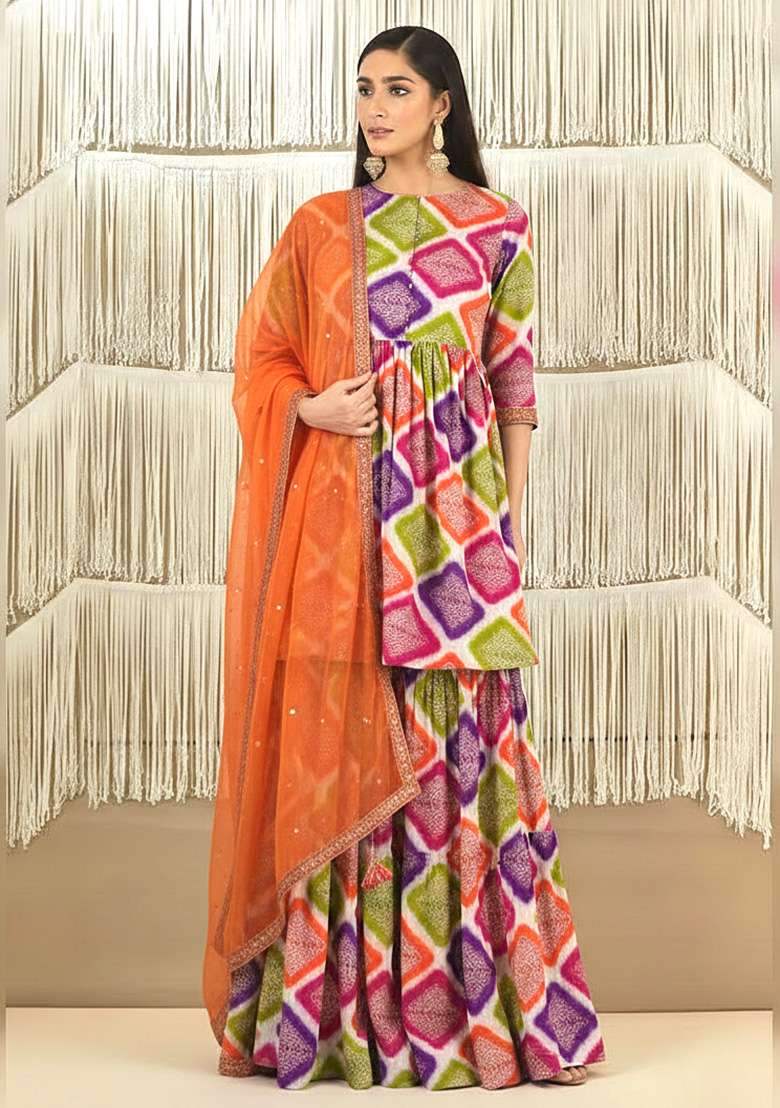 Multicolor Abstract Print Satin Sharara Set - Indya