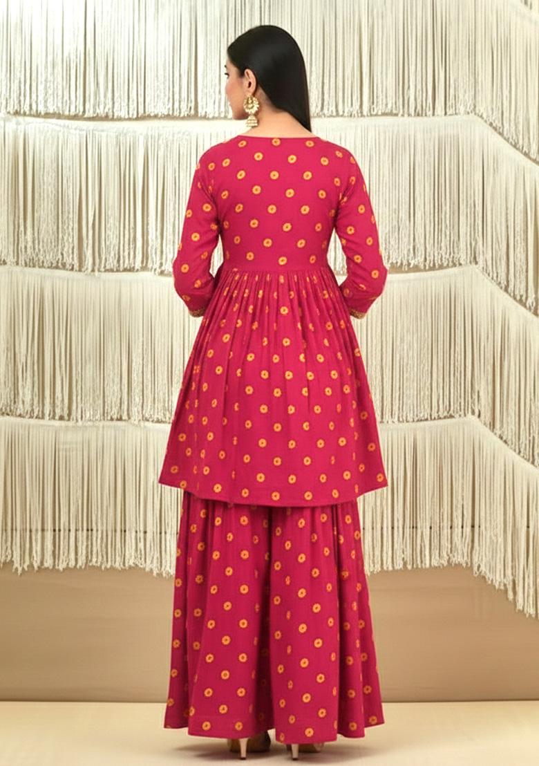 Red Floral Print Satin Sharara Set - Indya