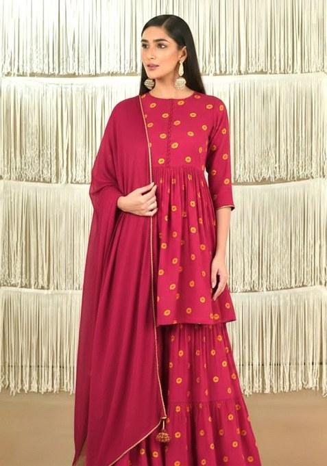 Red Floral Print Satin Sharara Set