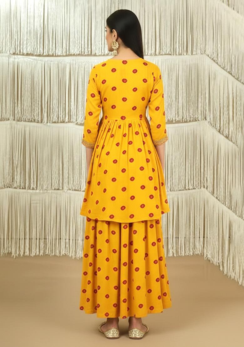 Yellow Printed Satin Sharara Set - Indya