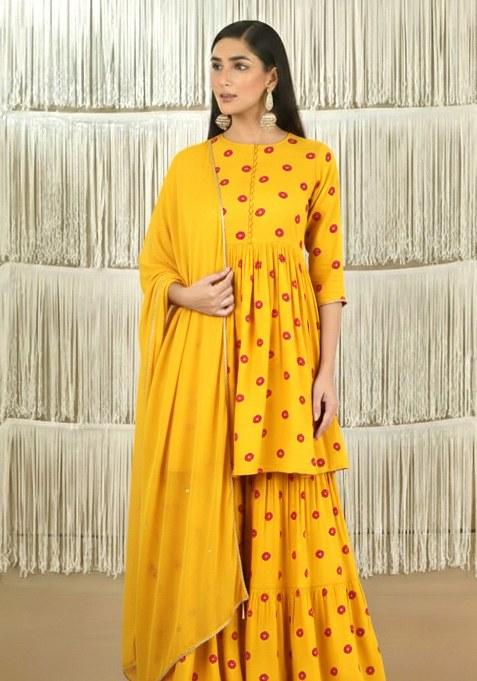 Yellow Printed Satin Sharara Set