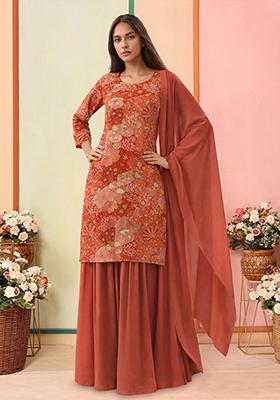 Warm Orange Floral Print Crepe Sharara Set
