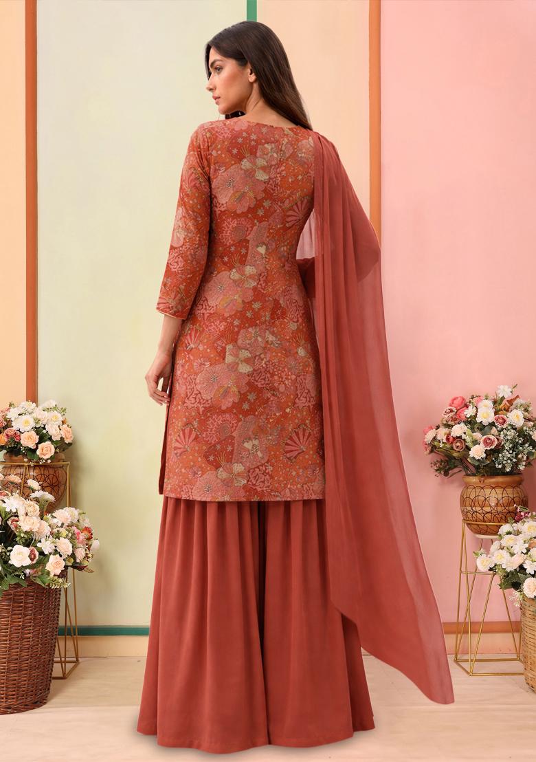 Warm Orange Floral Print Crepe Sharara Set - Indya