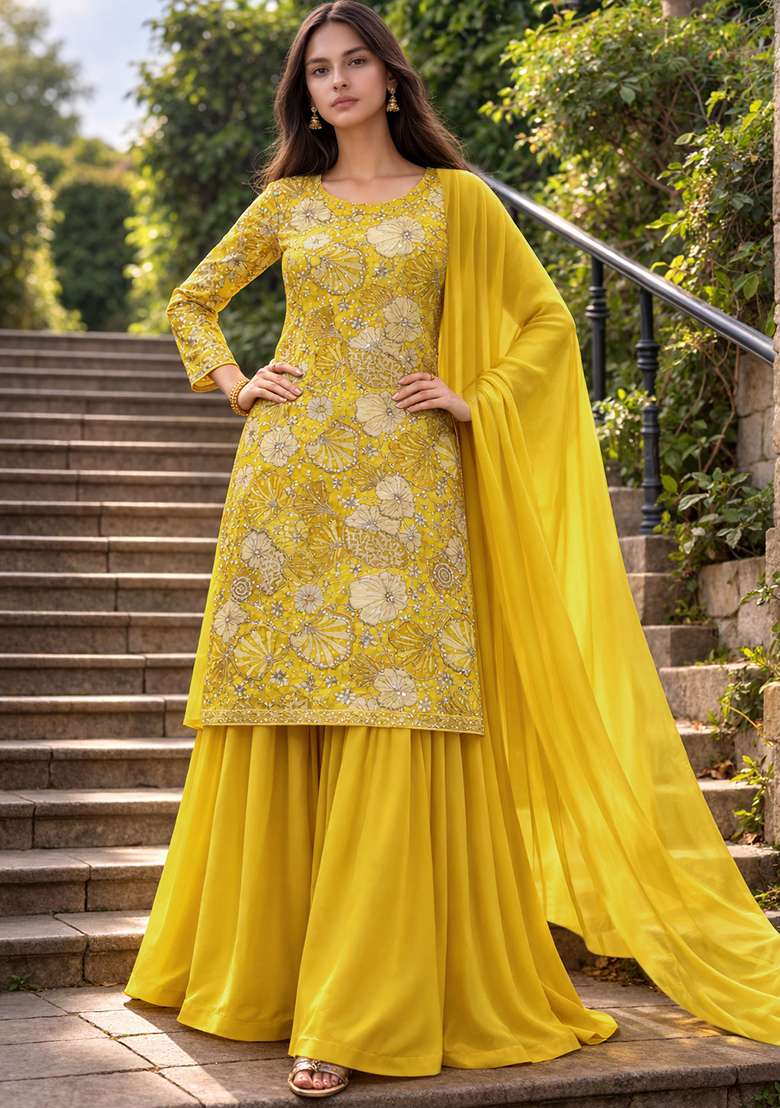 Yellow Floral Print Crepe Sharara Set - Indya