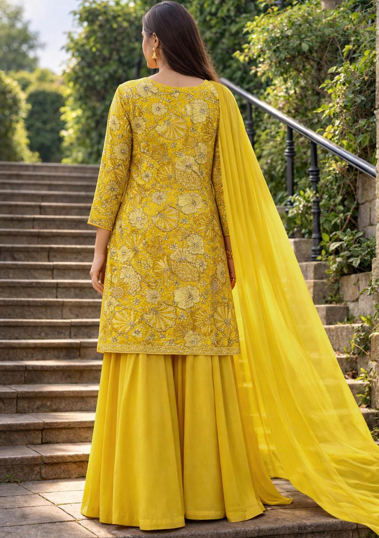 Yellow Floral Print Crepe Sharara Set - Indya