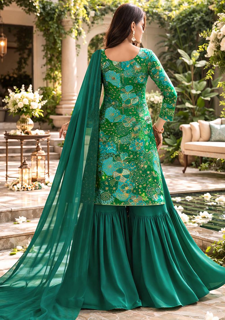 Bottle Green Floral Print Crepe Sharara Set - Indya