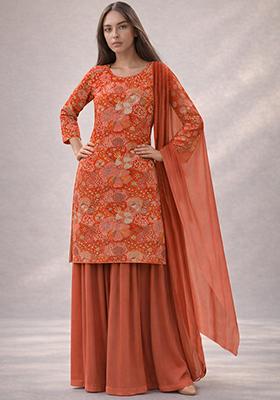 Deep Coral Floral Print Crepe Sharara Set