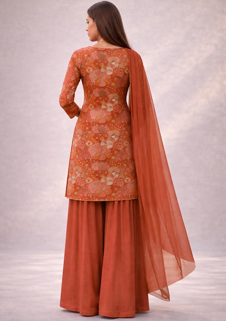 Deep Coral Floral Print Crepe Sharara Set - Indya