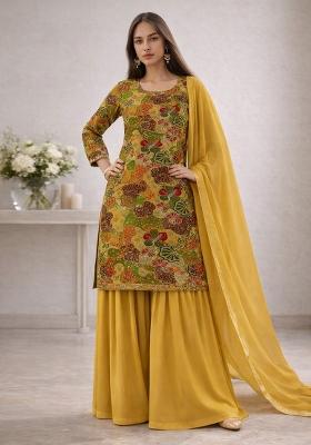 Mustard  Floral Print Crepe Sharara Set