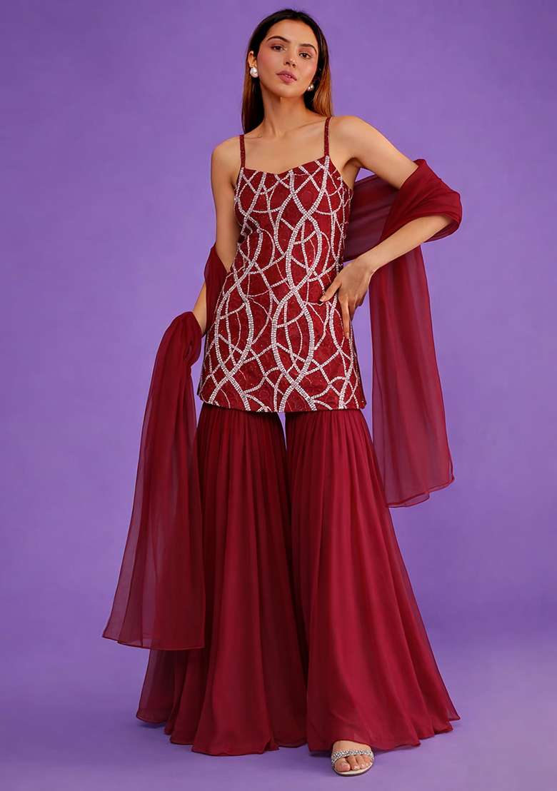 Deep Red Embroidered Crepe Sharara Set - Indya