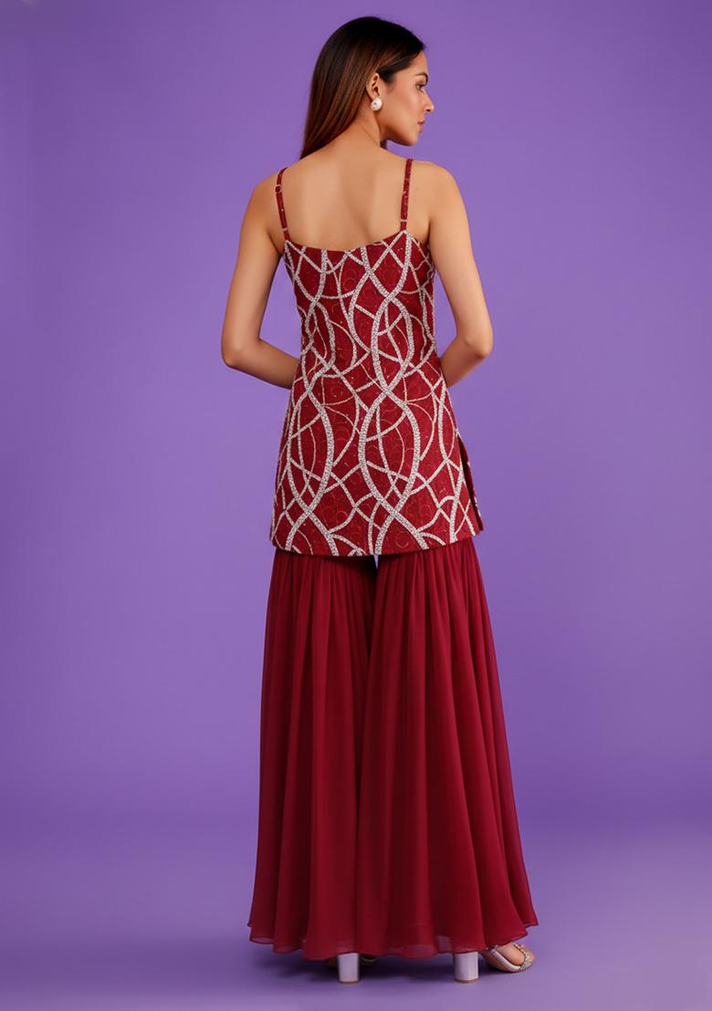 Deep Red Embroidered Crepe Sharara Set - Indya