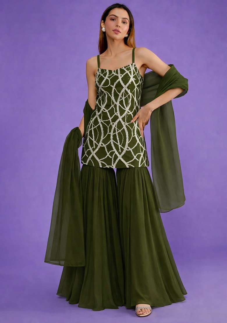 Olive Green Embroidered Crepe Sharara Set - Indya