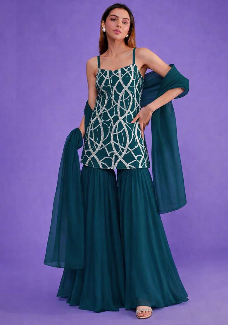 Teal Blue Embroidered Crepe Sharara Set - Indya