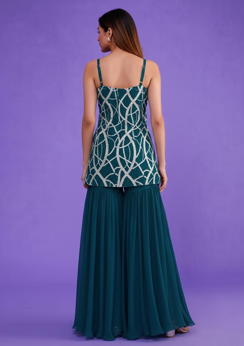 Teal Blue Embroidered Crepe Sharara Set - Indya