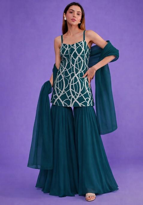 Teal Blue Embroidered Crepe Sharara Set